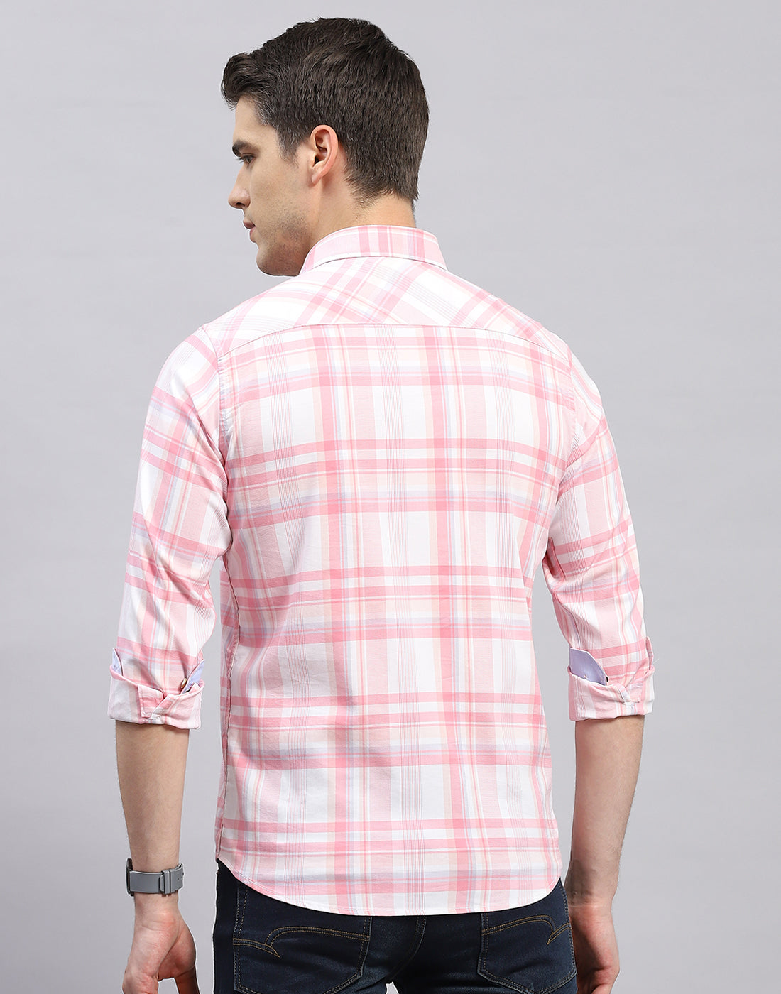 Men Pink Check Collar Full Sleeve Shirt