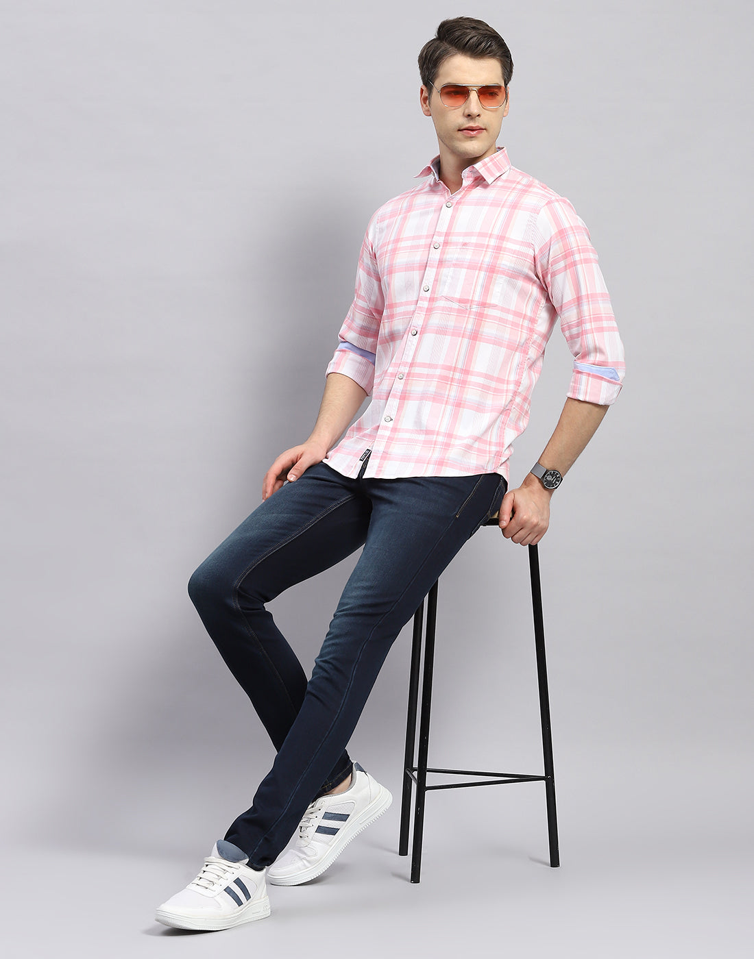 Men Pink Check Collar Full Sleeve Shirt