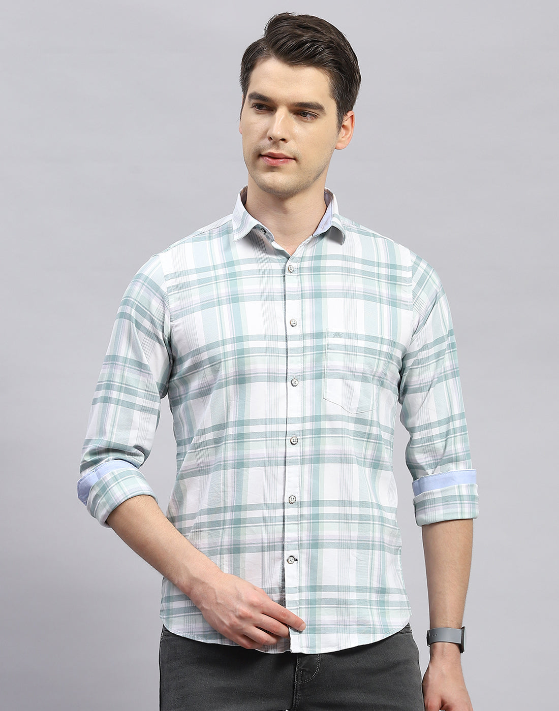 Men Green Check Collar Full Sleeve Shirt