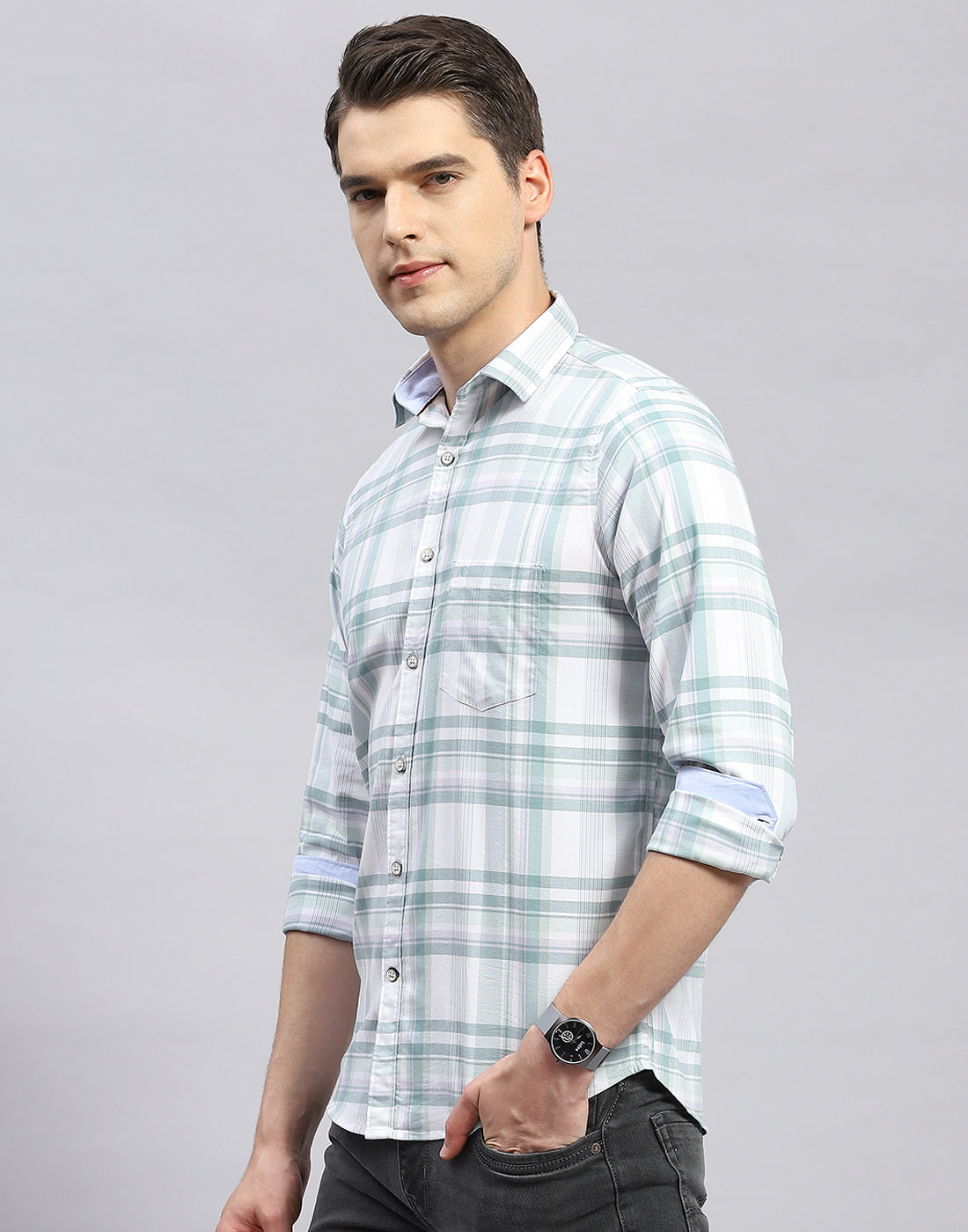 Men Green Check Collar Full Sleeve Shirt