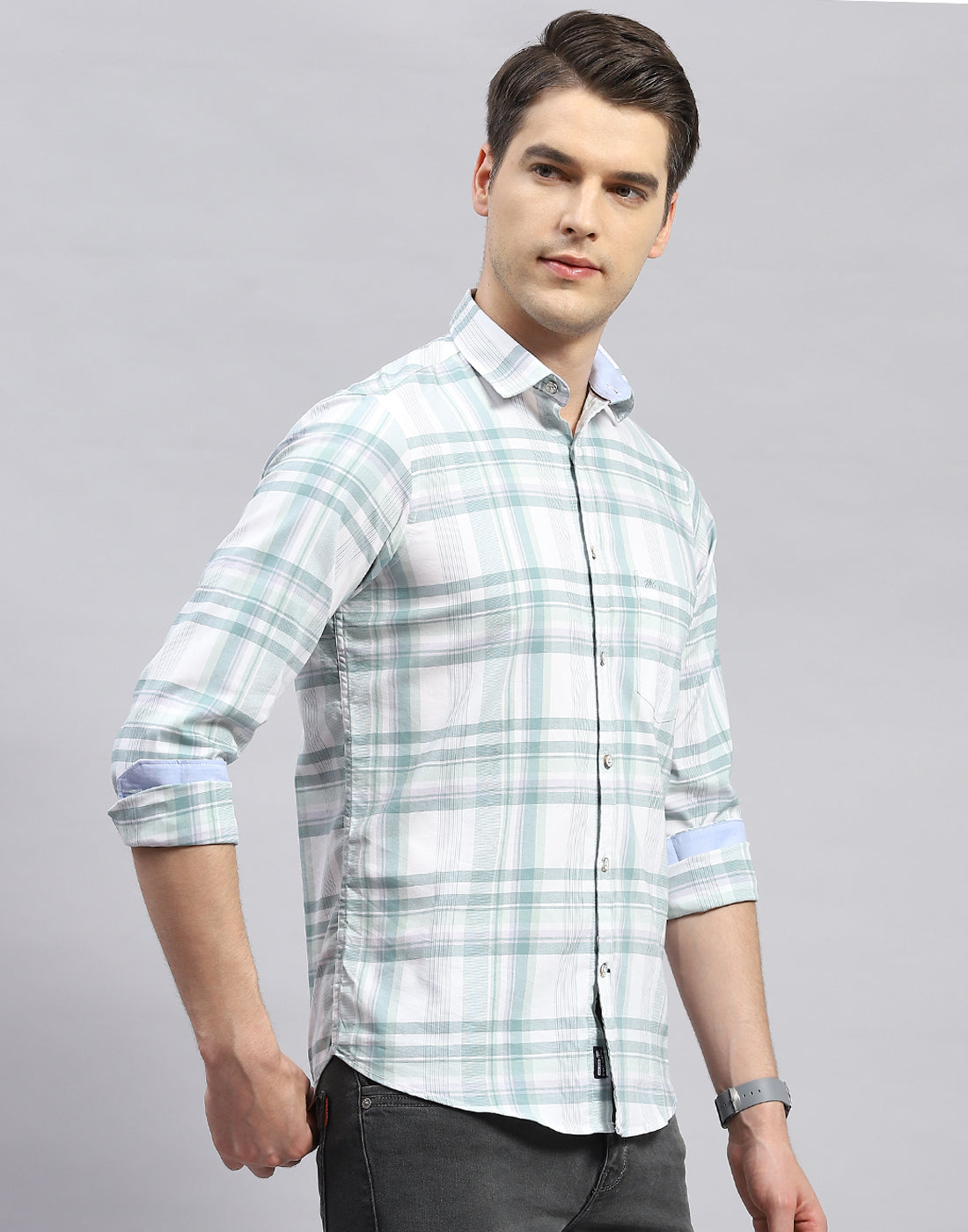 Men Green Check Collar Full Sleeve Shirt