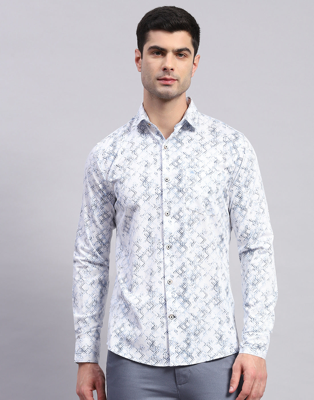 Men Blue Printed Collar Full Sleeve Shirt