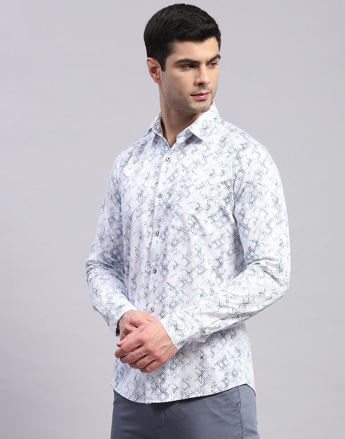 Men Blue Printed Collar Full Sleeve Shirt