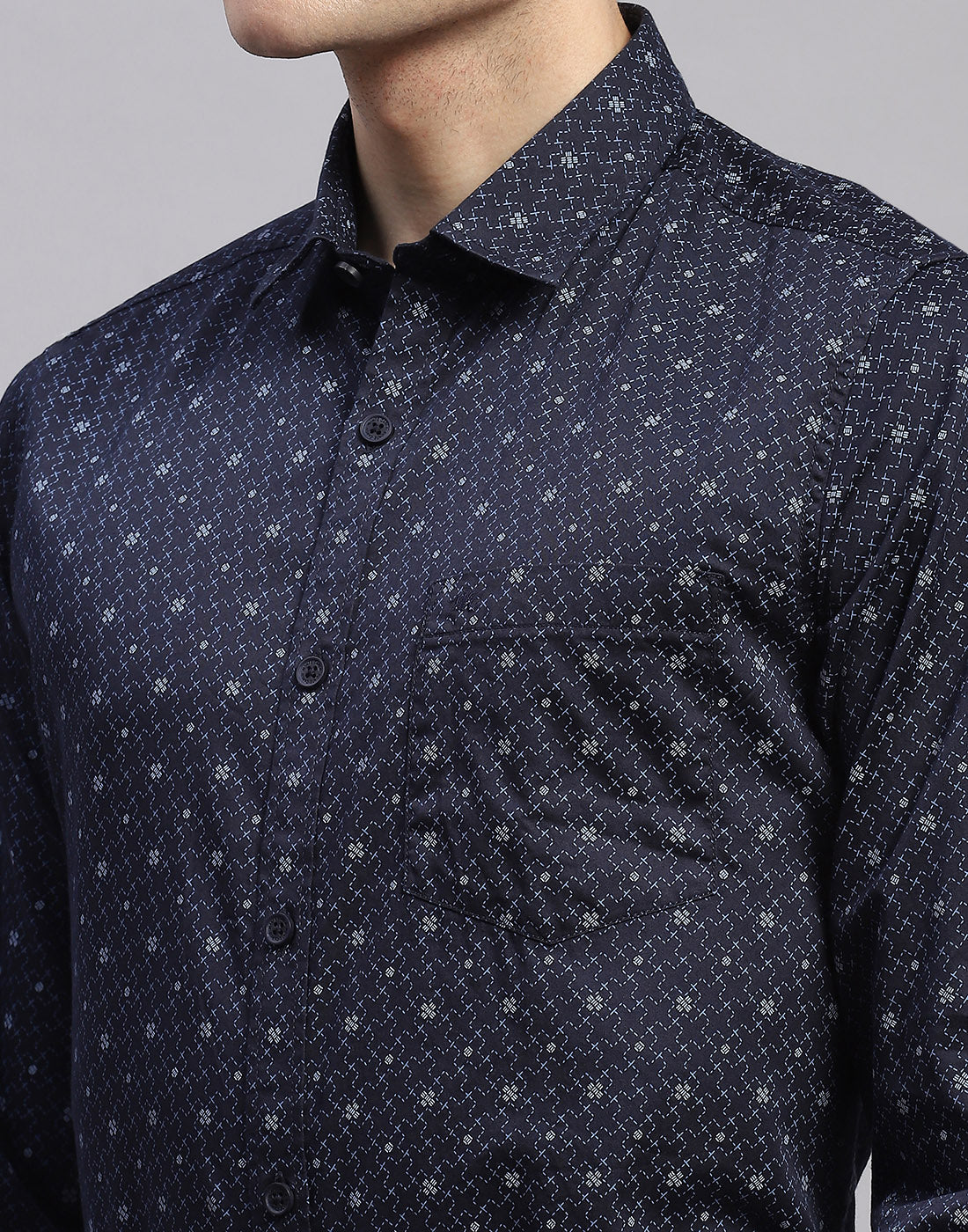 Men Navy Blue Printed Collar Full Sleeve Shirt