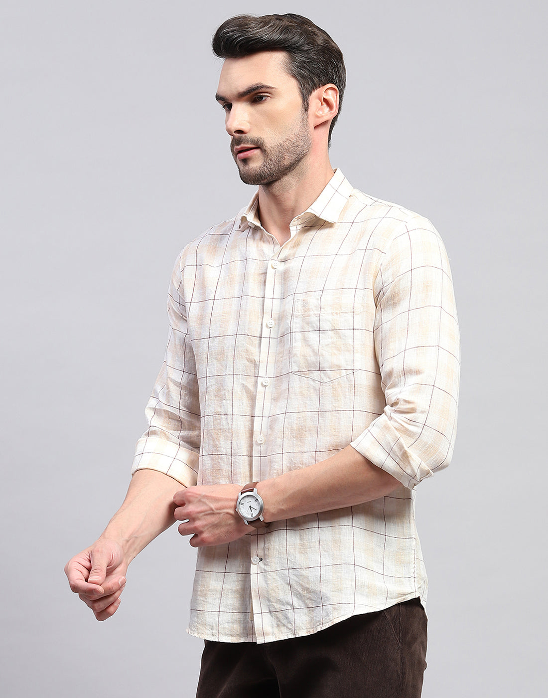 Men Beige Check Collar Neck Full Sleeve Shirt