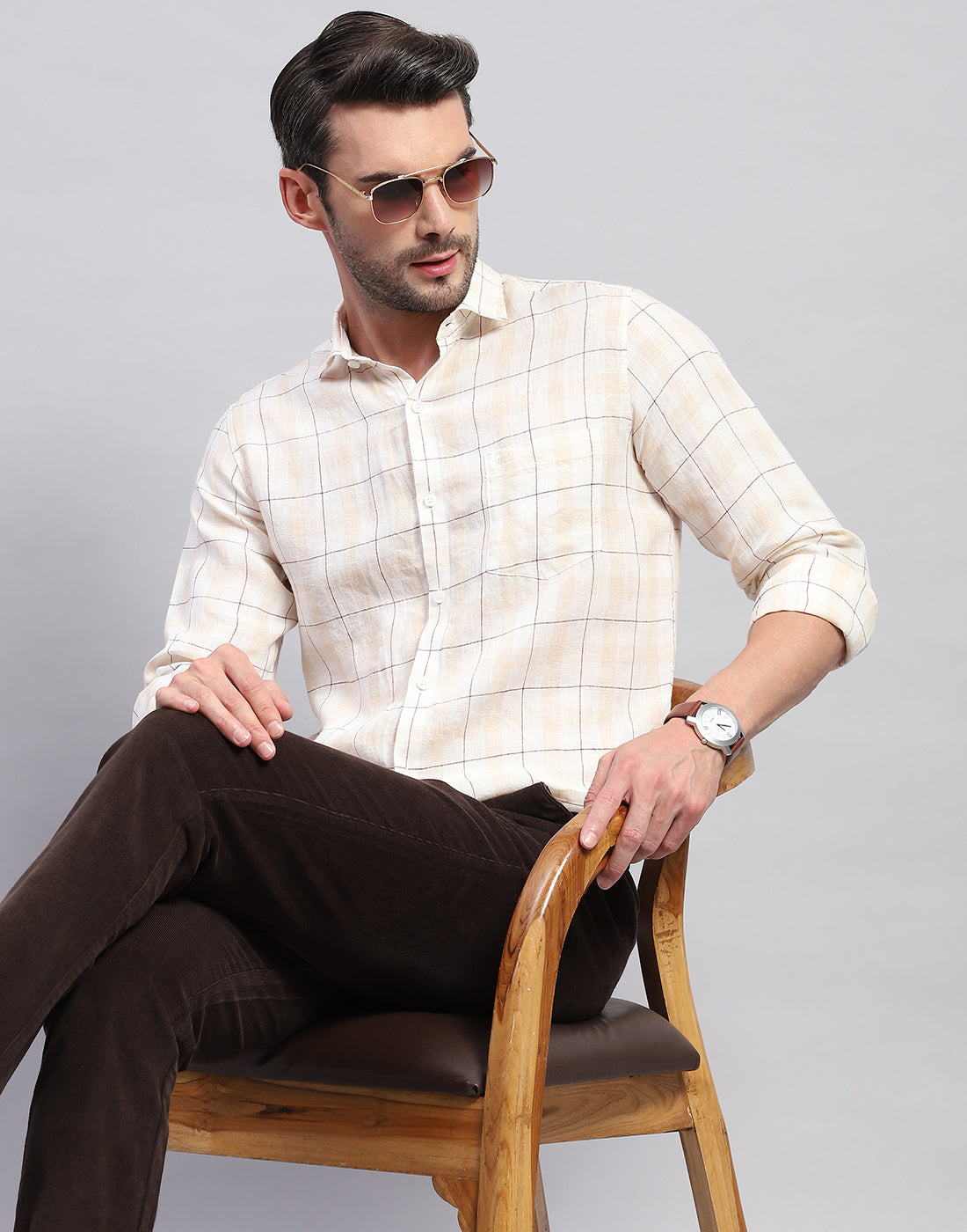 Men Beige Check Collar Neck Full Sleeve Shirt