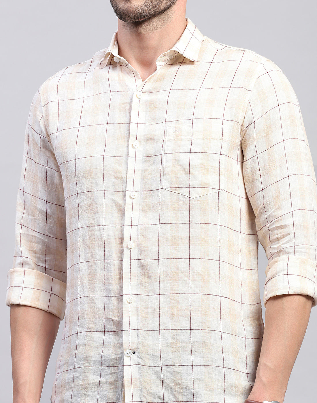 Men Beige Check Collar Neck Full Sleeve Shirt