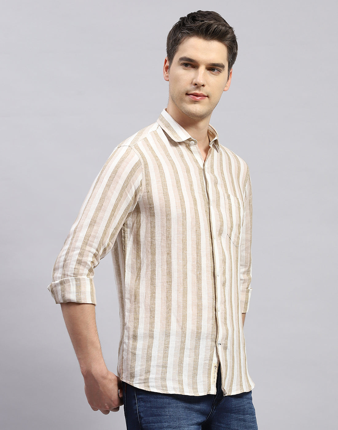 Men Brown Stripe Collar Full Sleeve Shirt