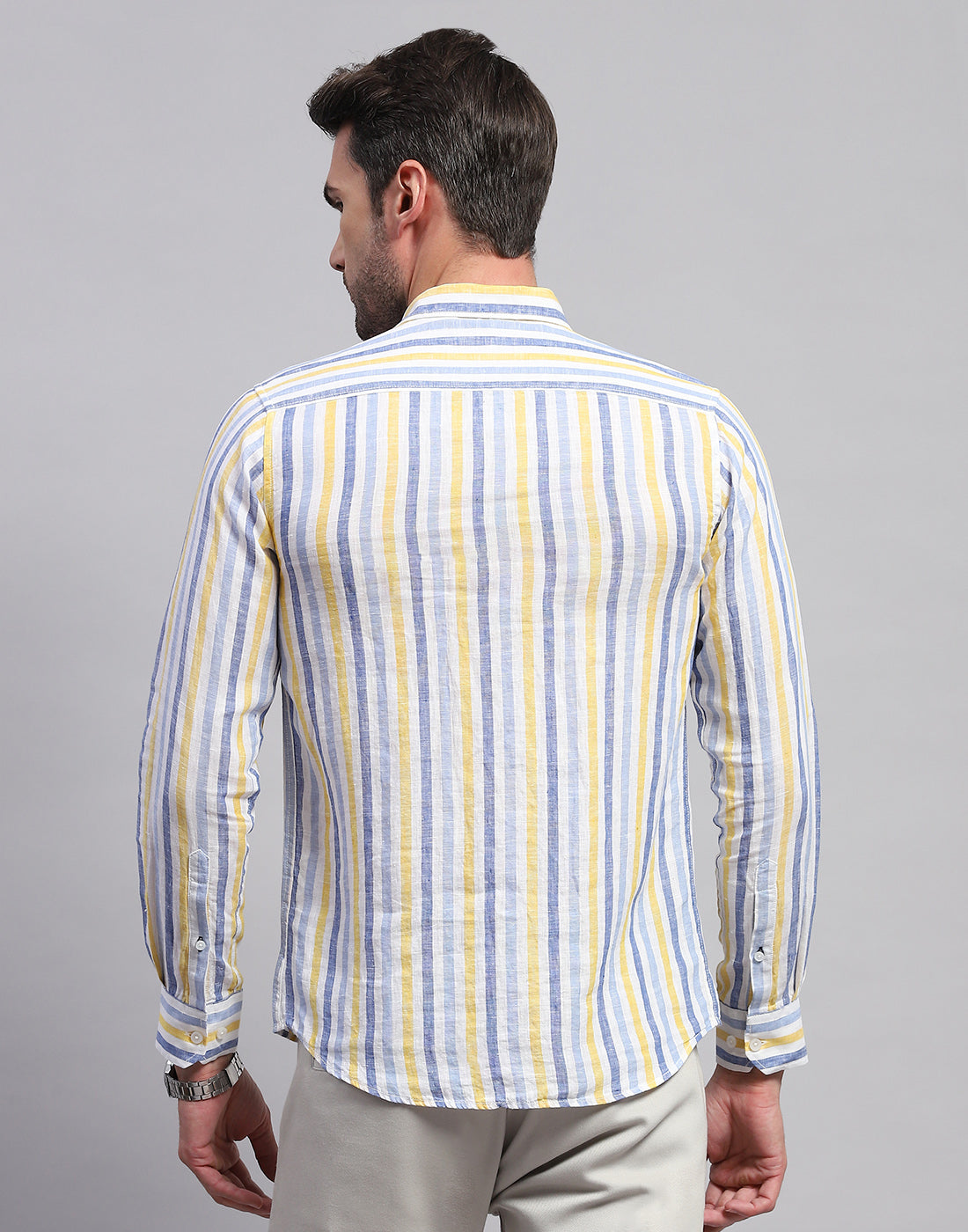 Men Blue Stripe Collar Neck Full Sleeve Shirt