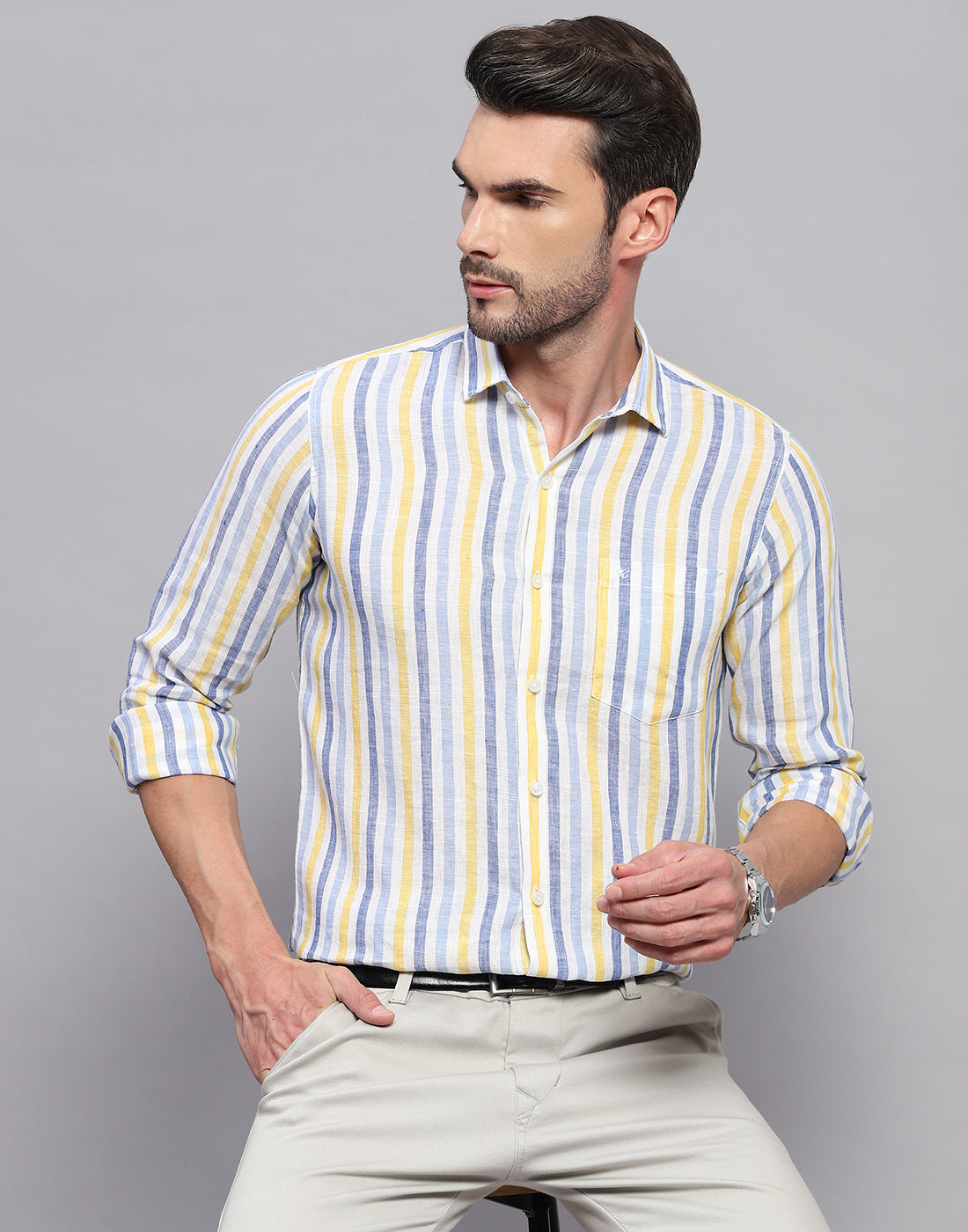 Men Blue Stripe Collar Neck Full Sleeve Shirt