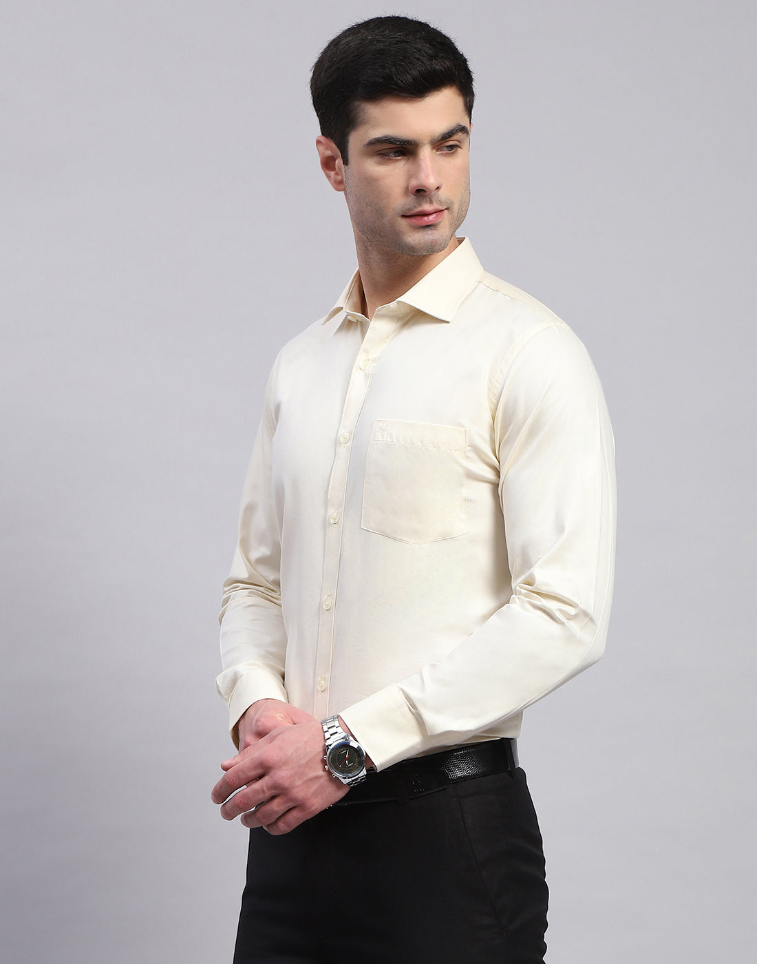 Men Yellow Solid Collar Full Sleeve Shirt