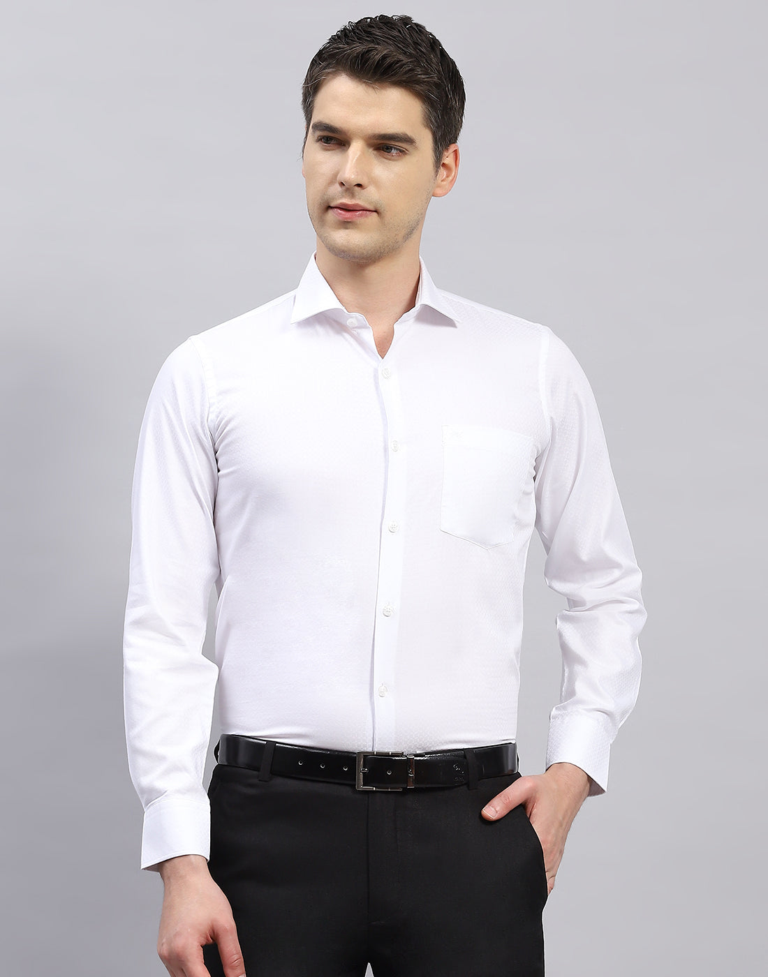 Men White Self Design Collar Full Sleeve Shirt