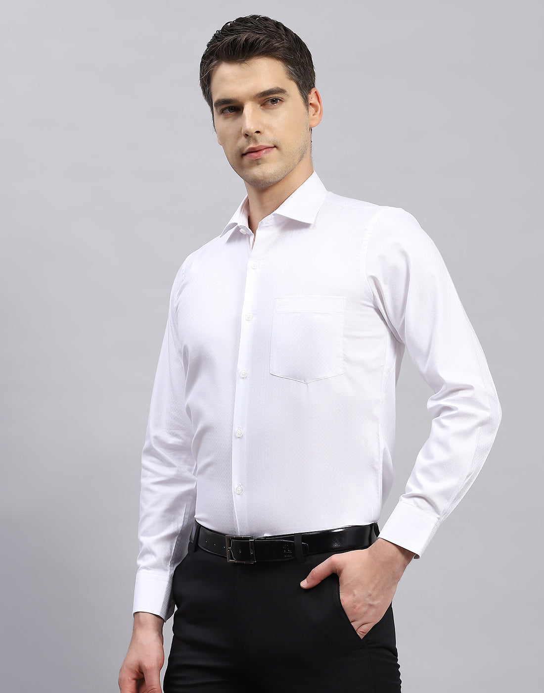 Men White Self Design Collar Full Sleeve Shirt