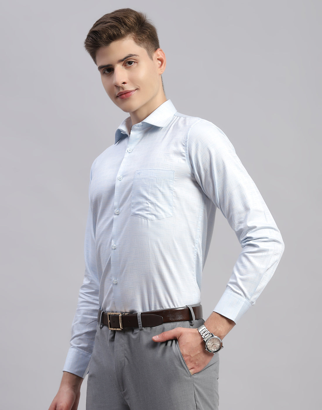 Men Sky Blue Check Collar Full Sleeve Shirt