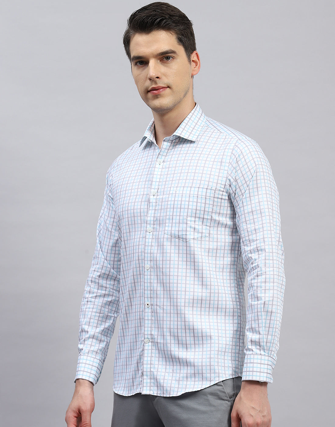 Men Blue Check Collar Full Sleeve Shirt