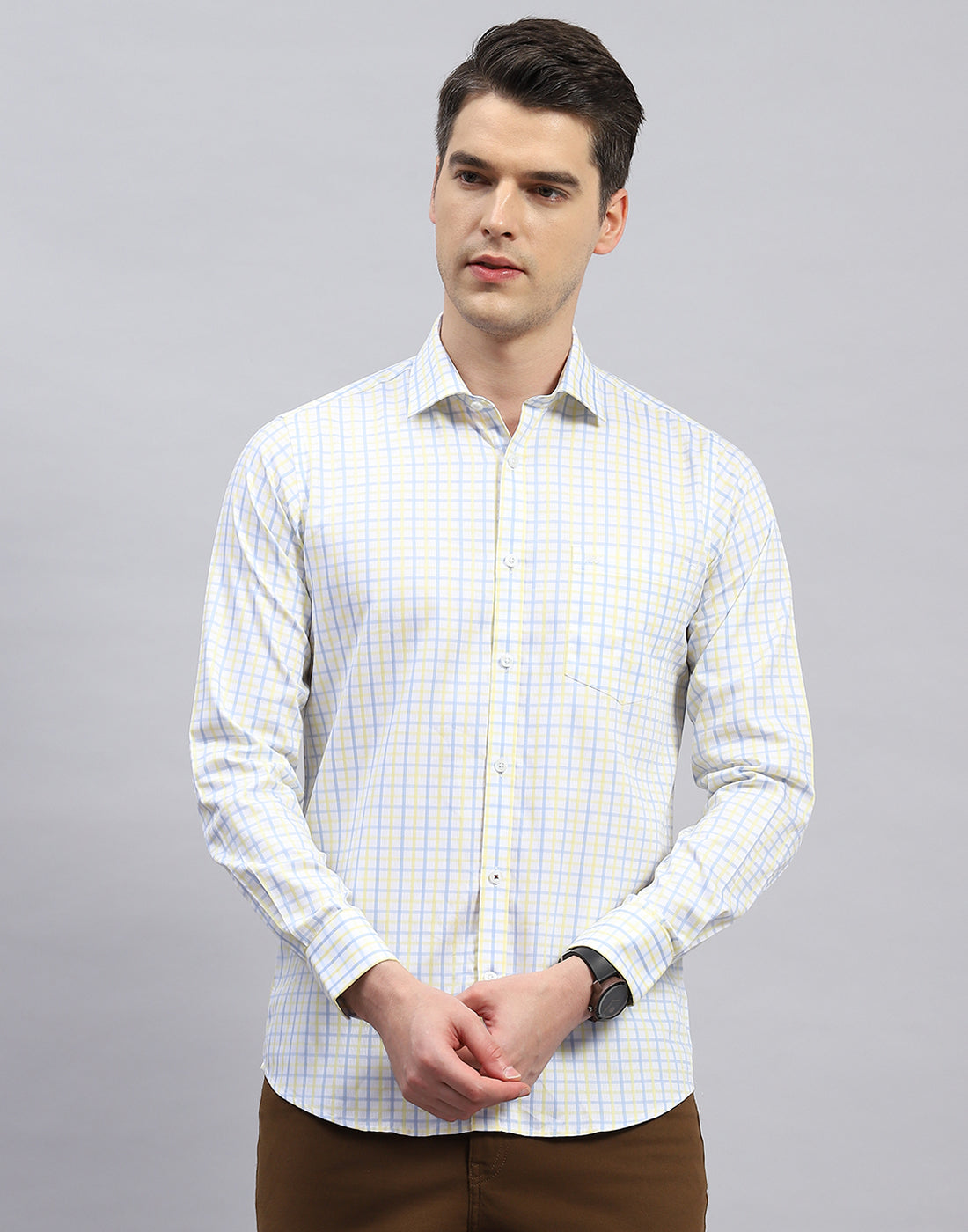 Men Off White Check Collar Full Sleeve Shirt