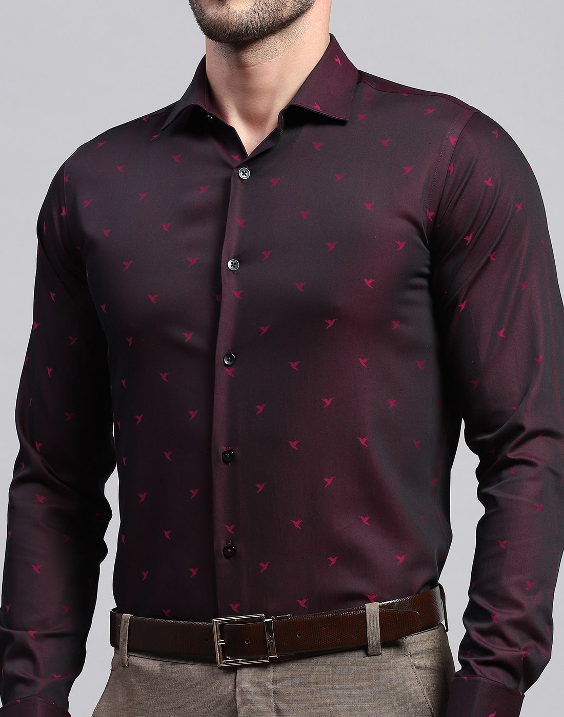 Men Maroon Printed Collar Neck Full Sleeve Shirt