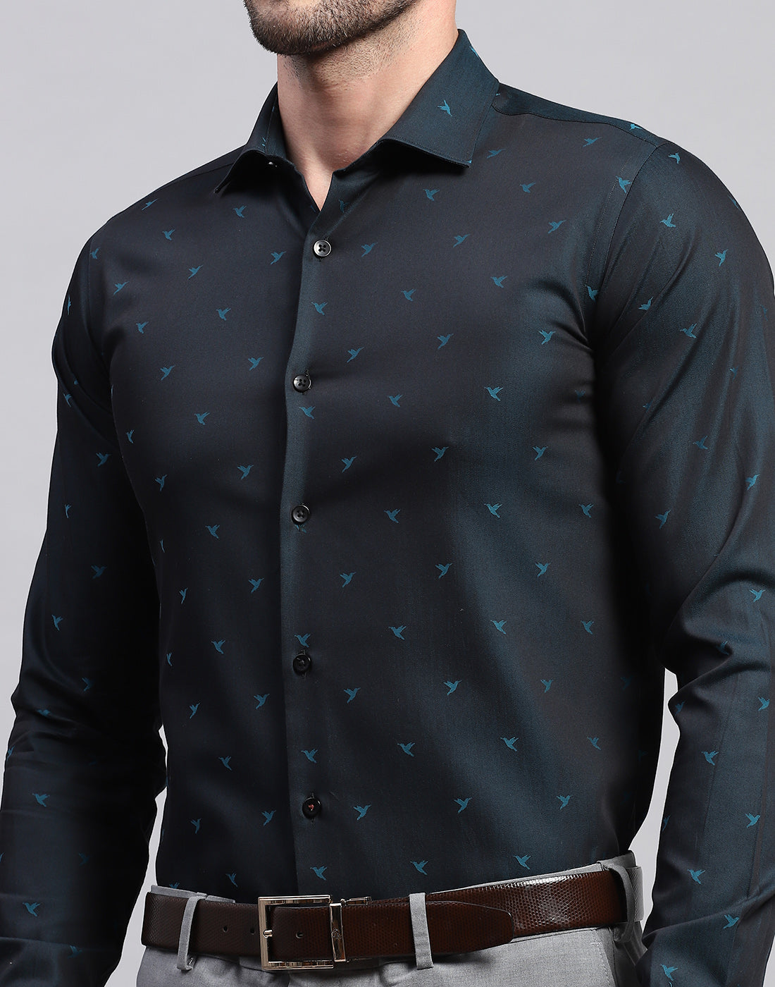 Men Navy Blue Printed Collar Neck Full Sleeve Shirt