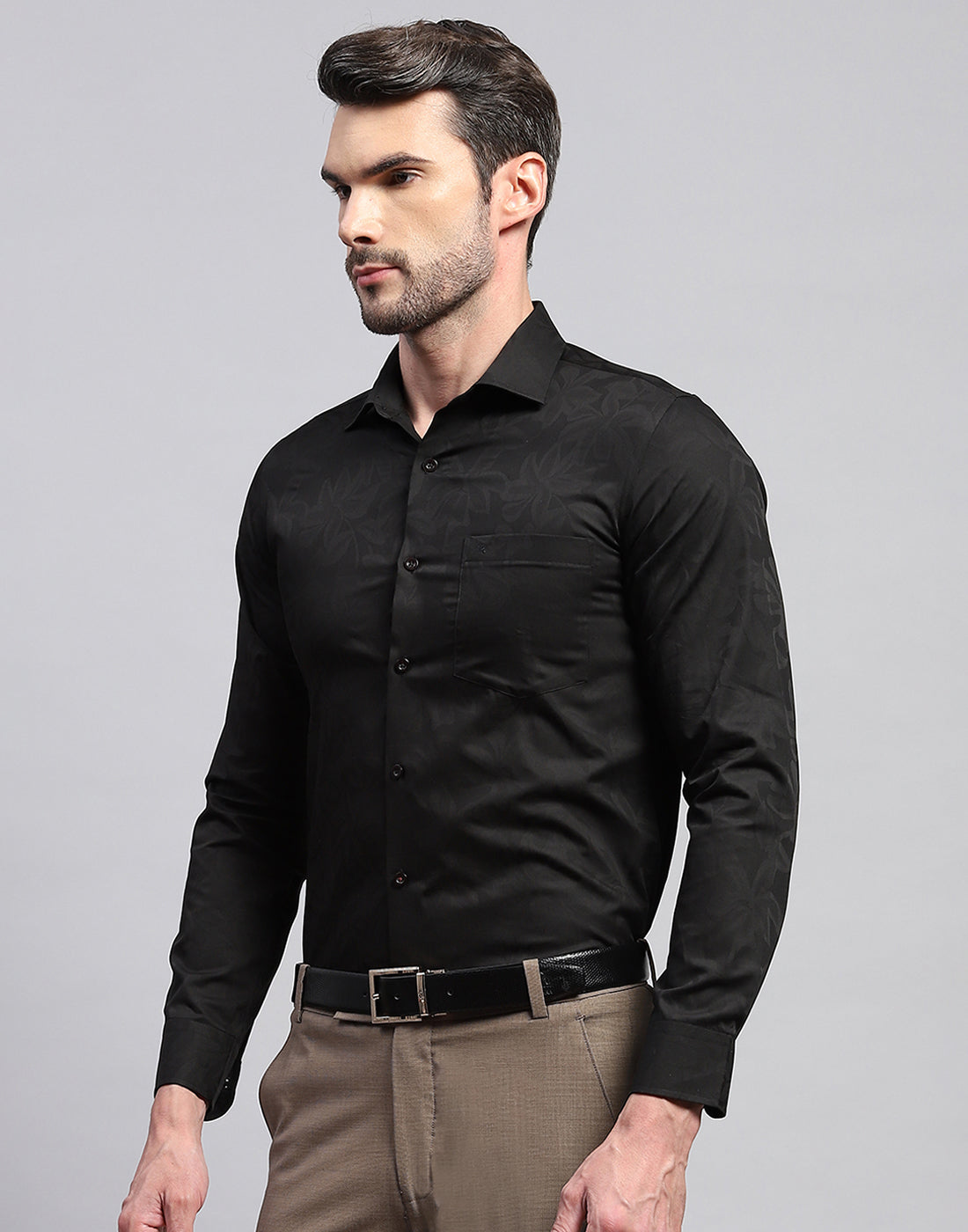 Men Black Floral Print Collar Neck Full Sleeve Shirt