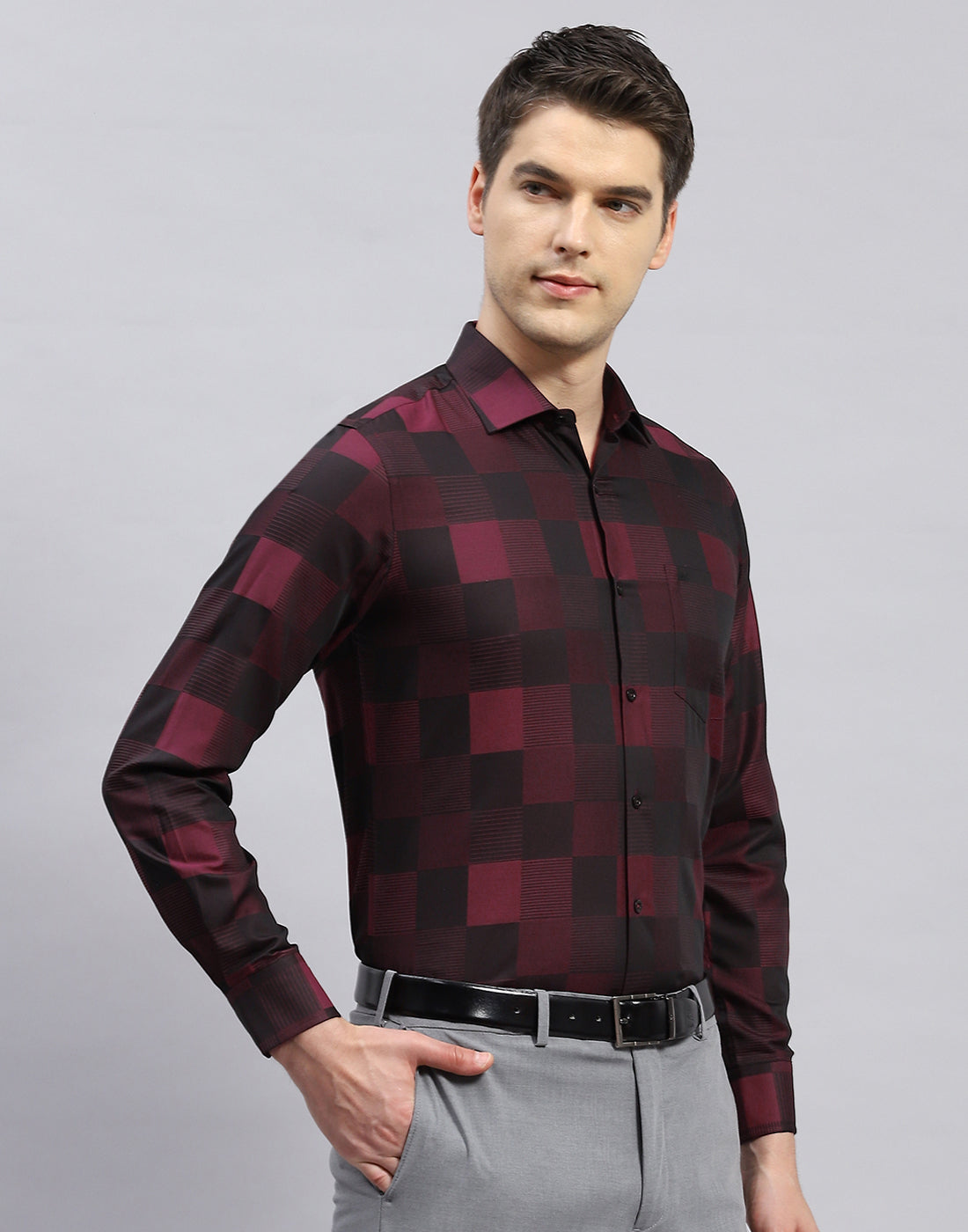 Men Maroon Check Collar Full Sleeve Shirt