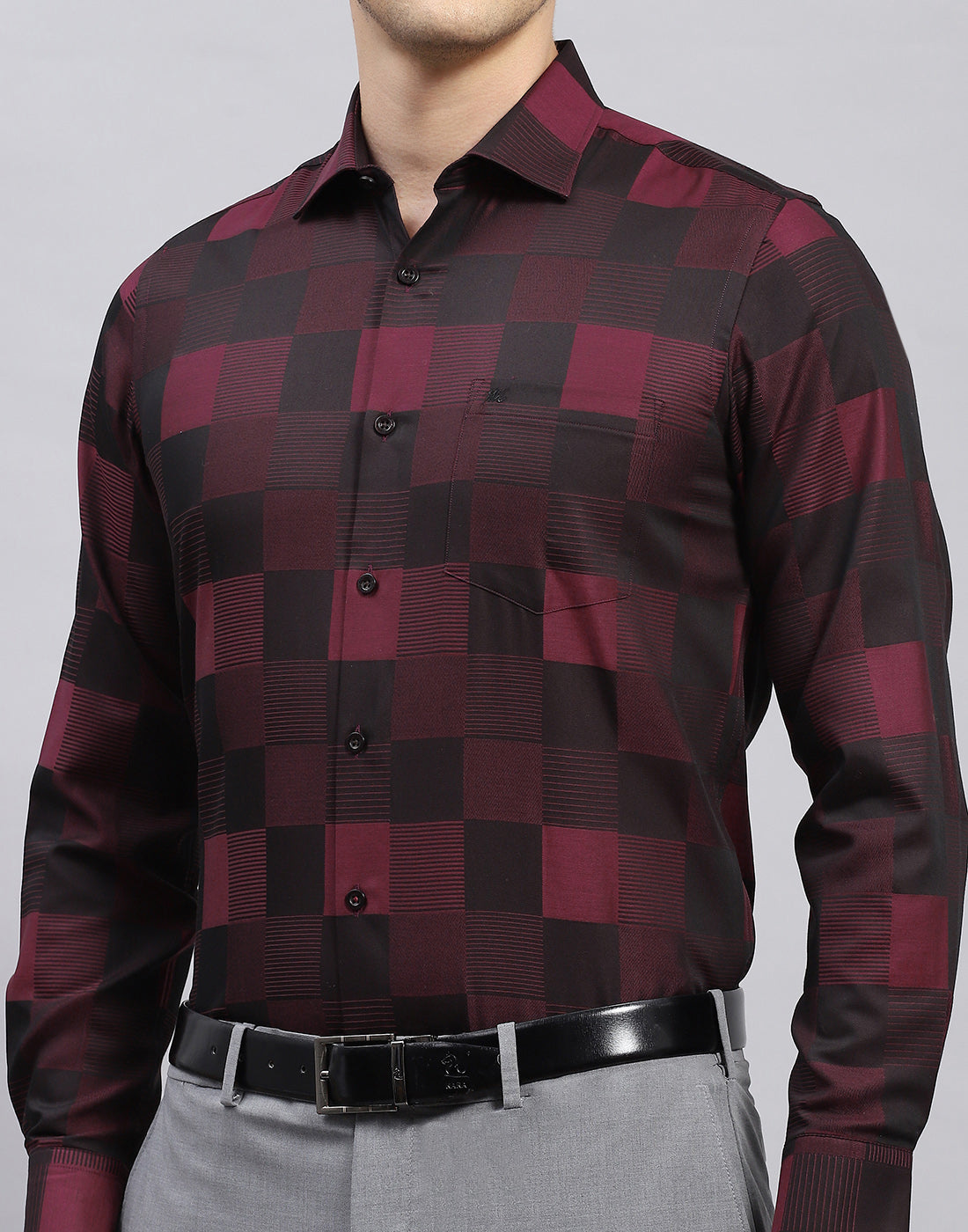 Men Maroon Check Collar Full Sleeve Shirt