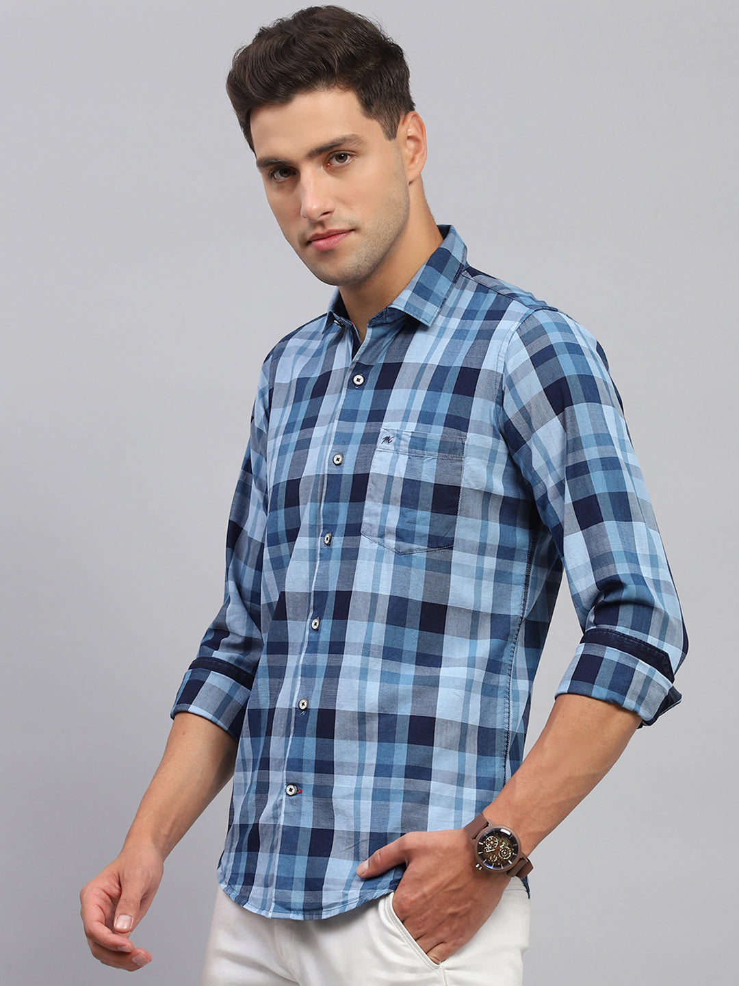 Men Sky Blue Check Spread Collar Full Sleeve Shirt