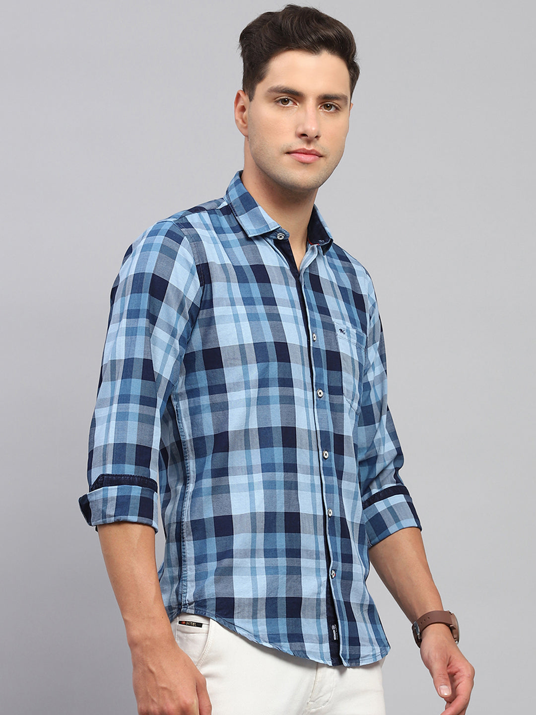 Men Sky Blue Check Spread Collar Full Sleeve Shirt