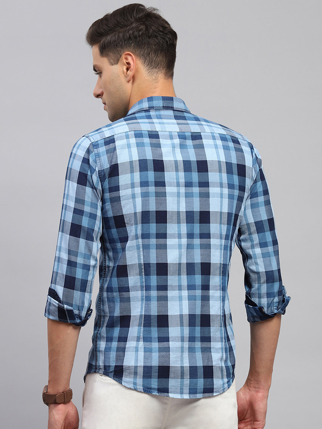 Men Sky Blue Check Spread Collar Full Sleeve Shirt