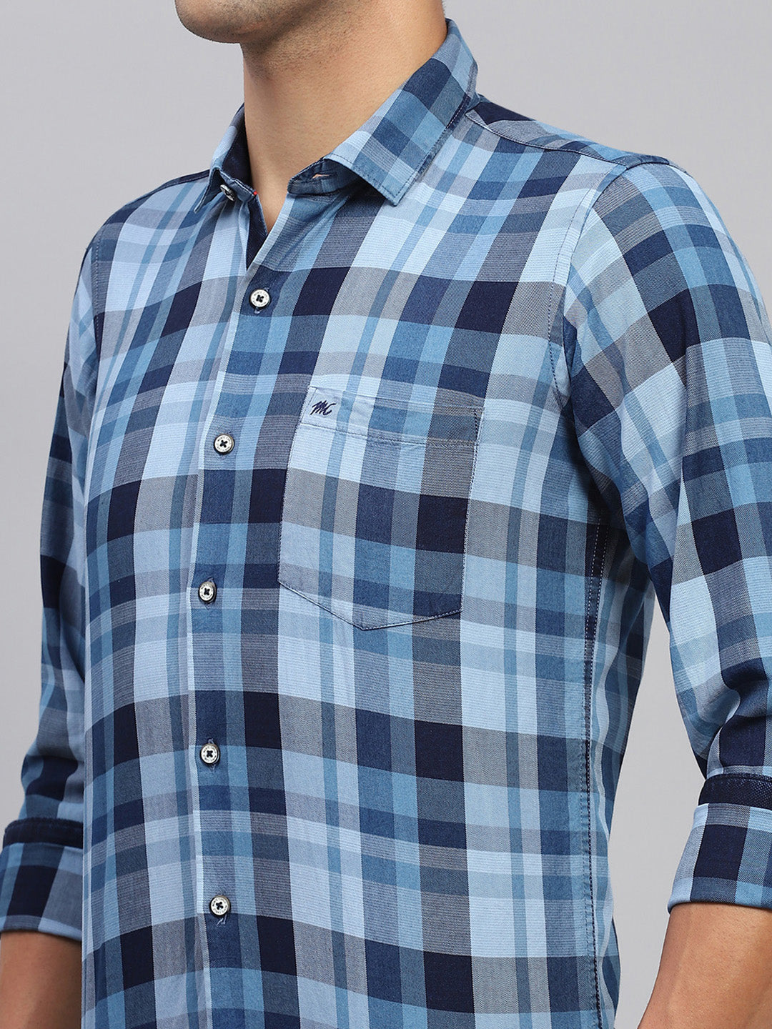 Men Sky Blue Check Spread Collar Full Sleeve Shirt