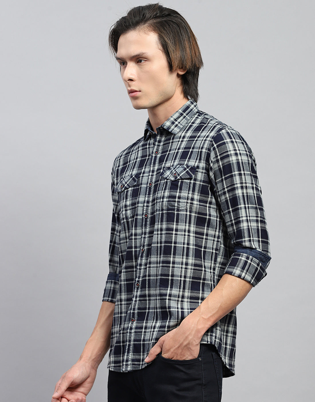 Men Navy Blue Check Collar Full Sleeve Shirt