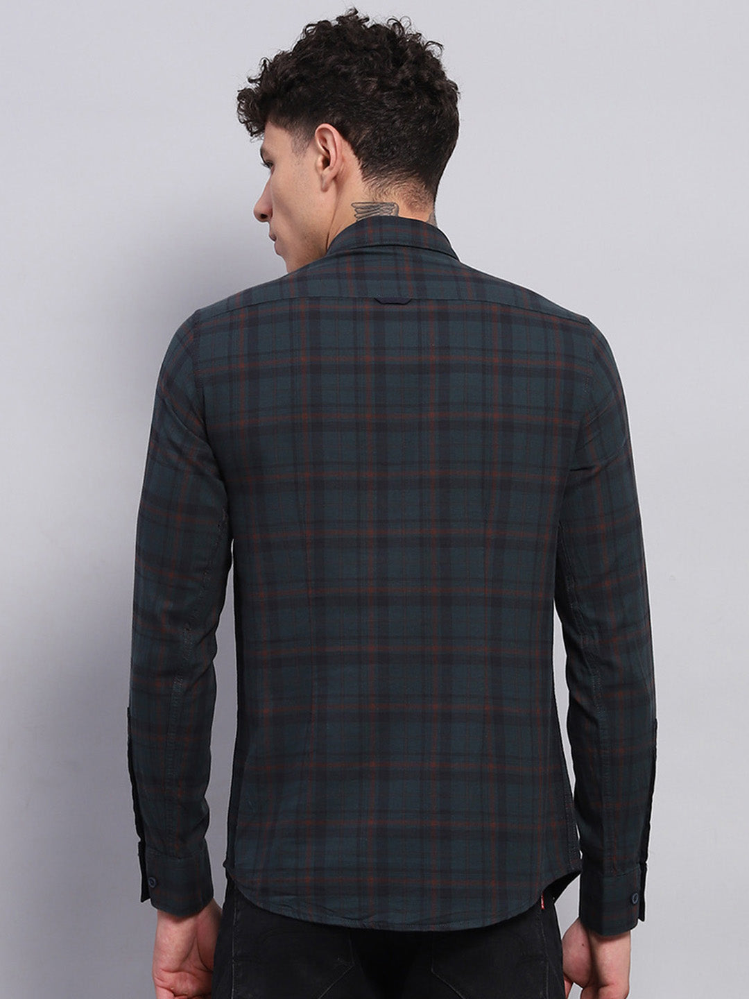 Men Green Check Collar Full Sleeve Shirt