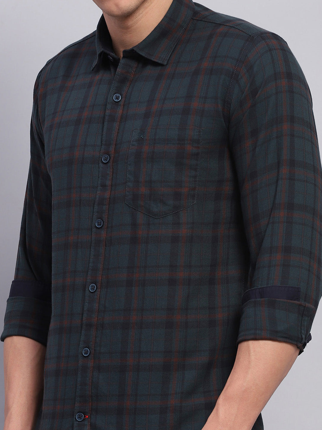 Men Green Check Collar Full Sleeve Shirt