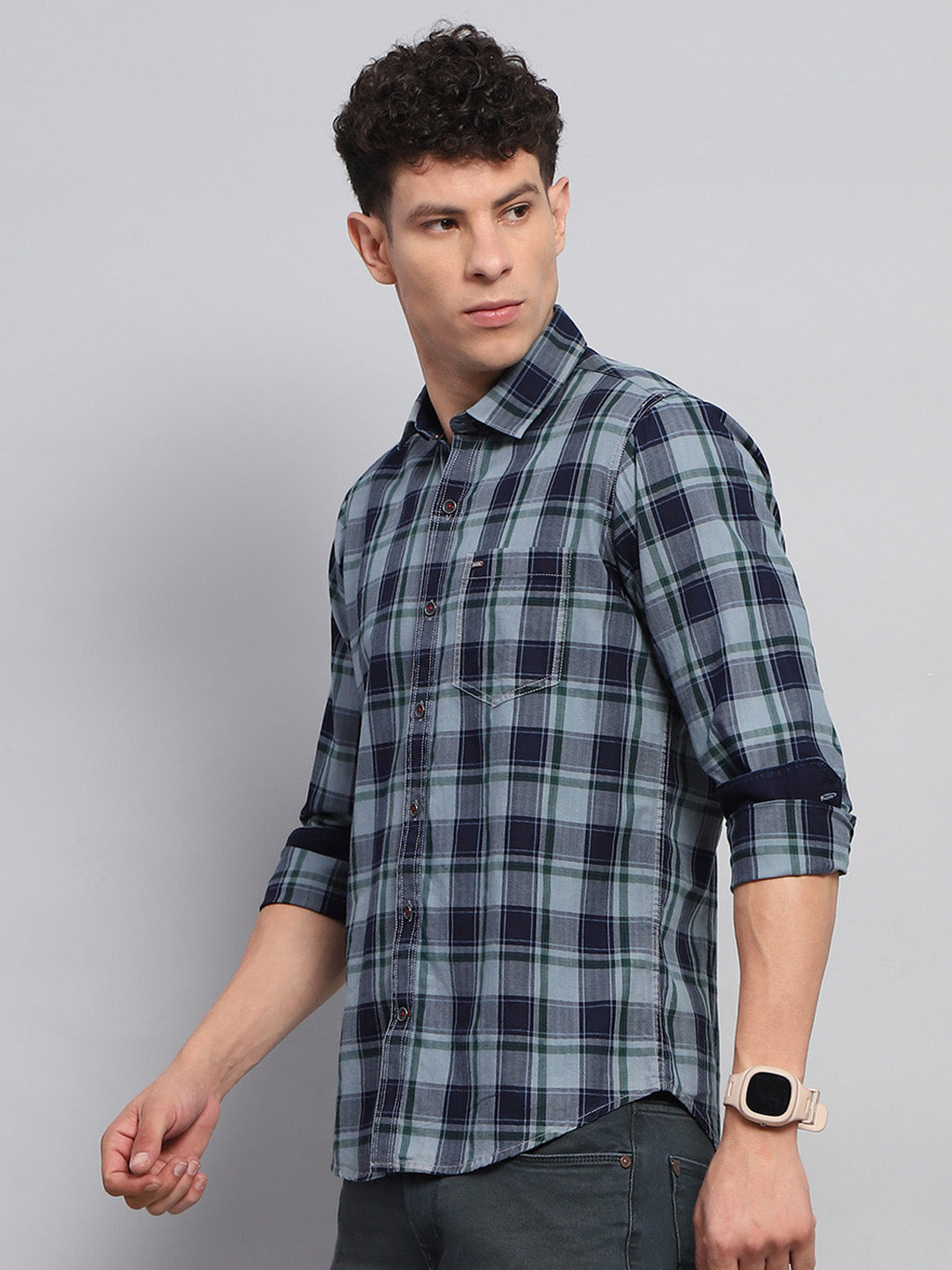 Men Blue Check Collar Full Sleeve Shirt