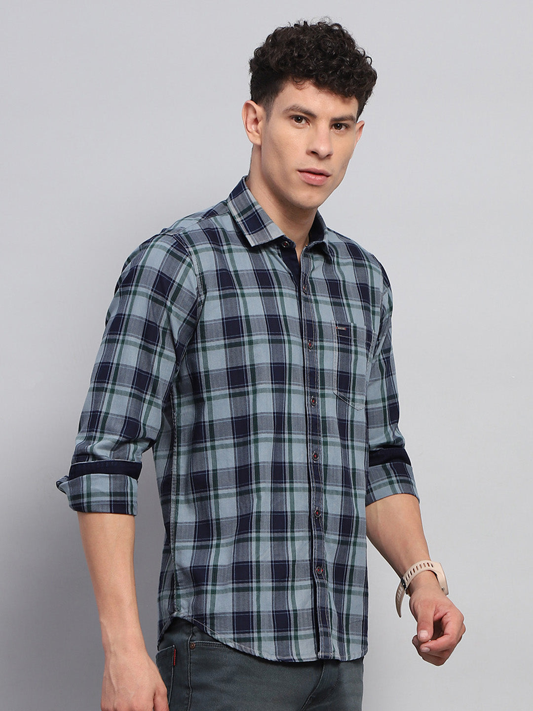 Men Blue Check Collar Full Sleeve Shirt