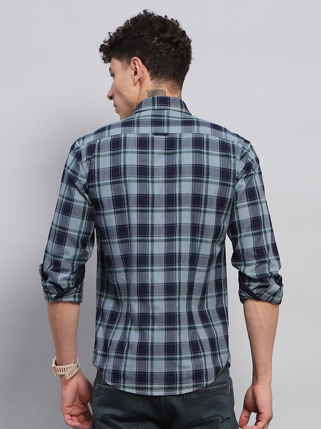 Men Blue Check Collar Full Sleeve Shirt