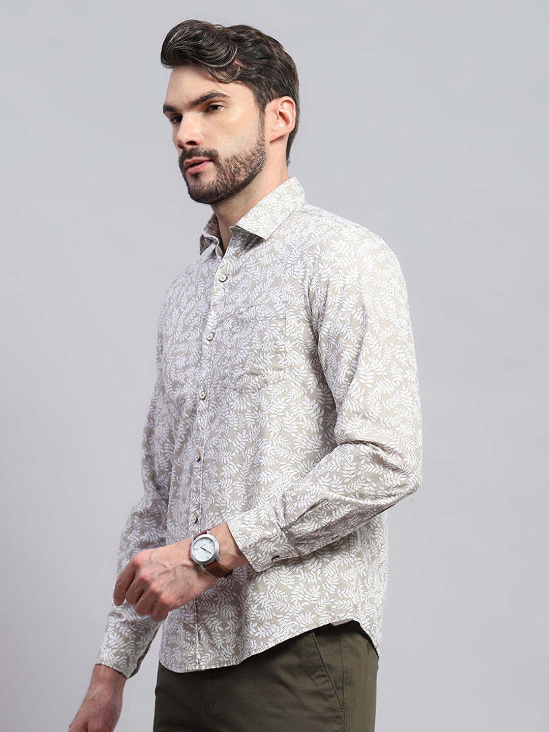 Men Brown Printed Collar Full Sleeve Shirt