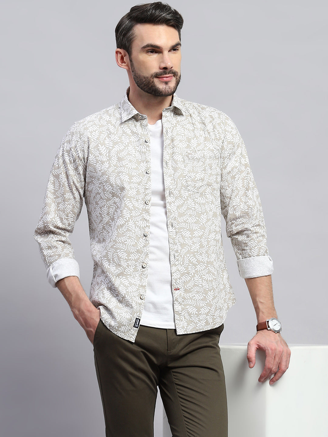 Men Brown Printed Collar Full Sleeve Shirt