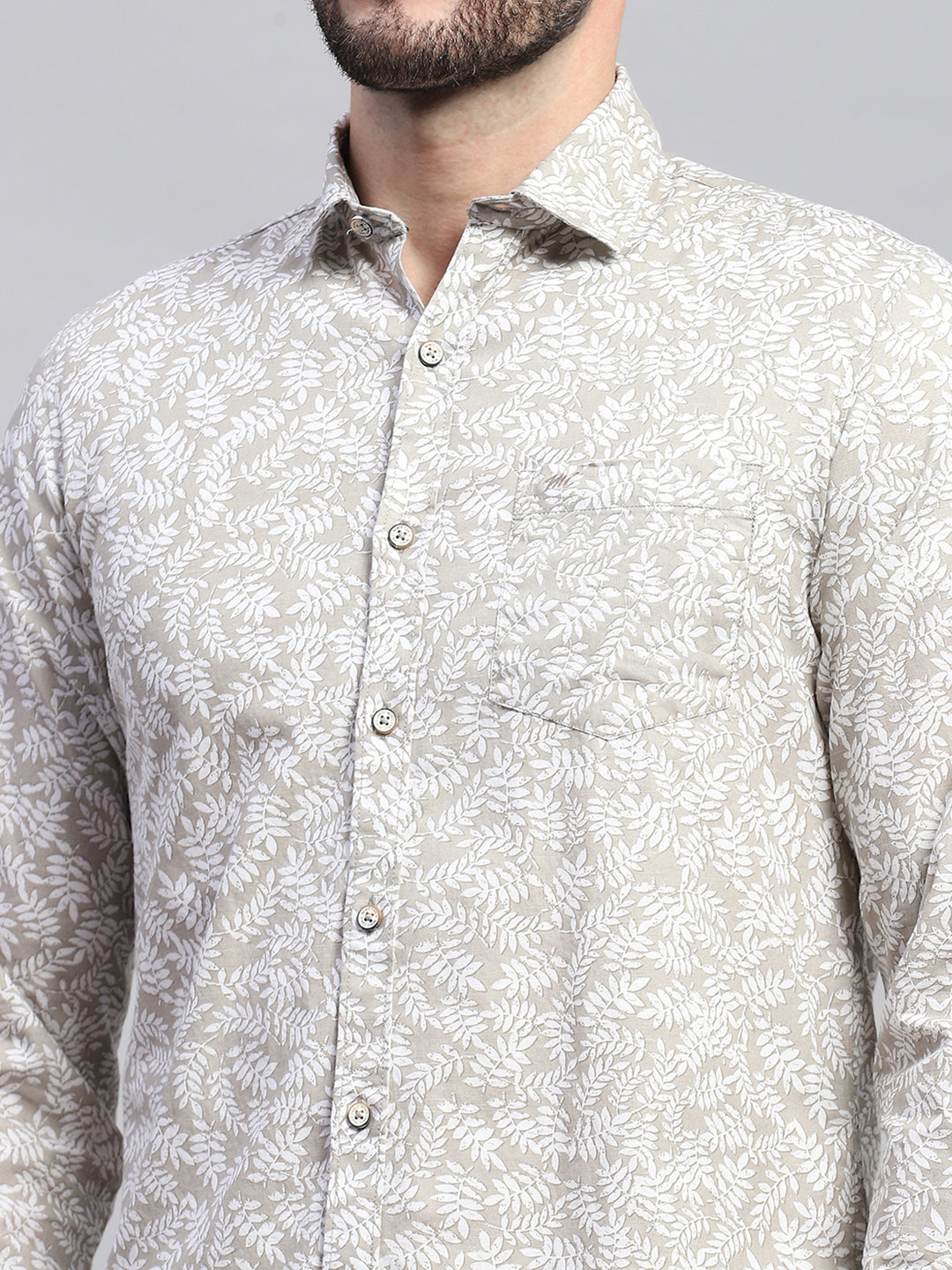 Men Brown Printed Collar Full Sleeve Shirt