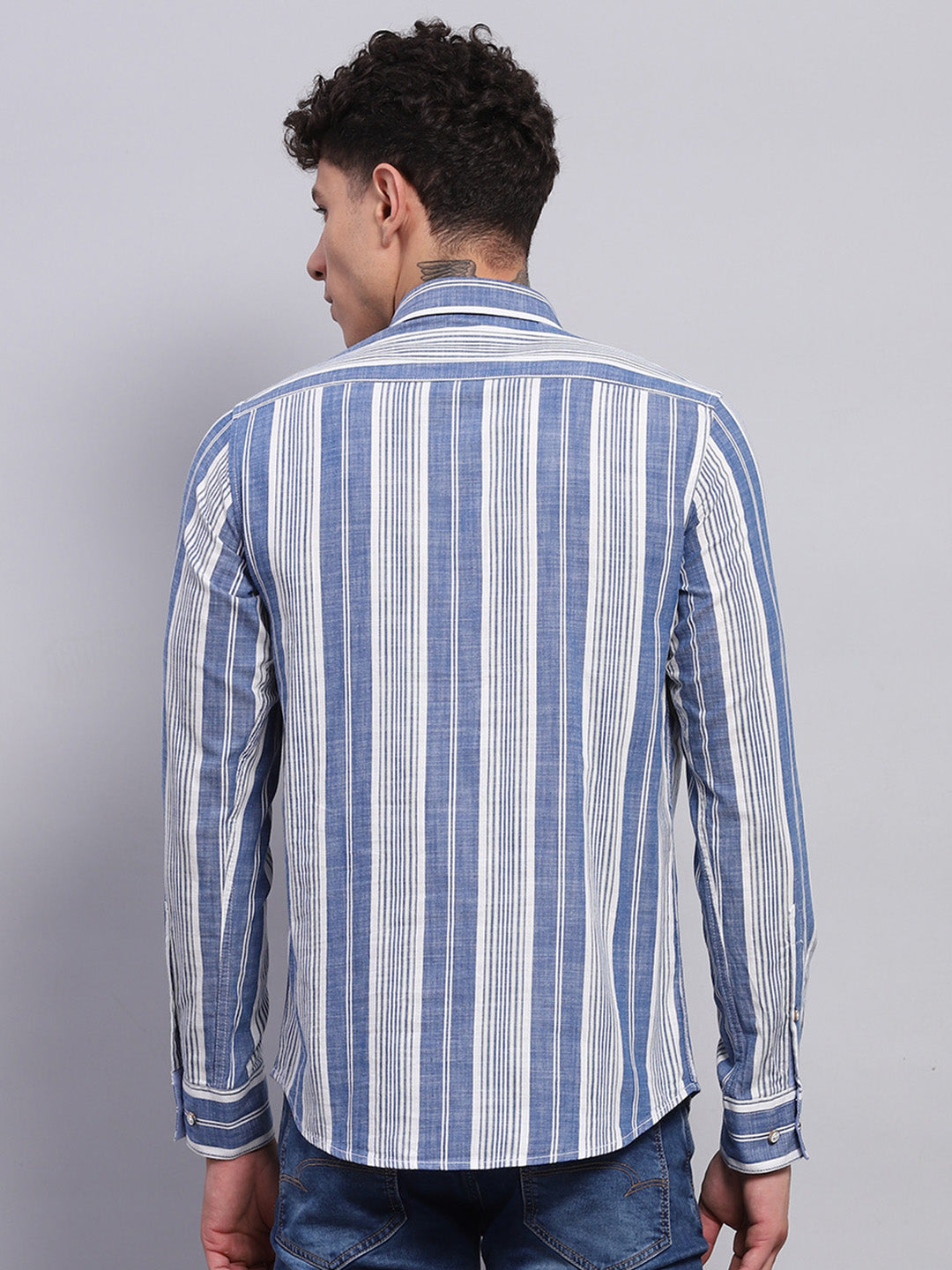 Men Blue Stripe Collar Full Sleeve Shirt