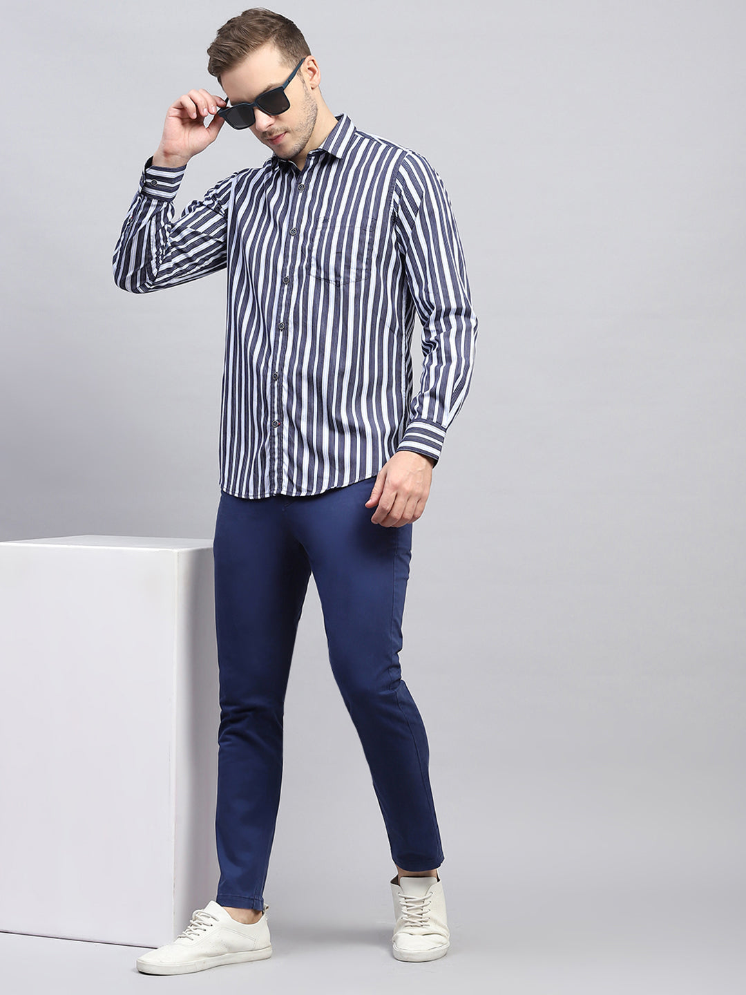 Men Navy Blue Stripe Collar Full Sleeve Shirt