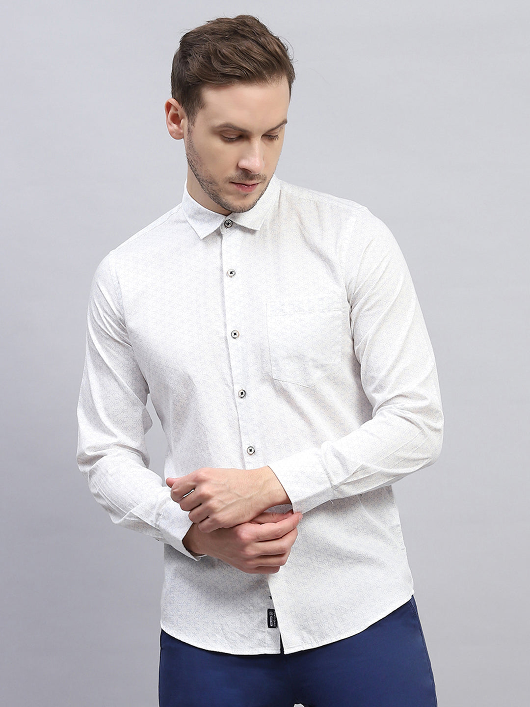 Men White Printed Collar Full Sleeve Shirt