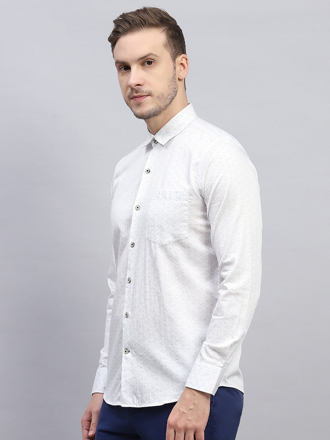 Men White Printed Collar Full Sleeve Shirt