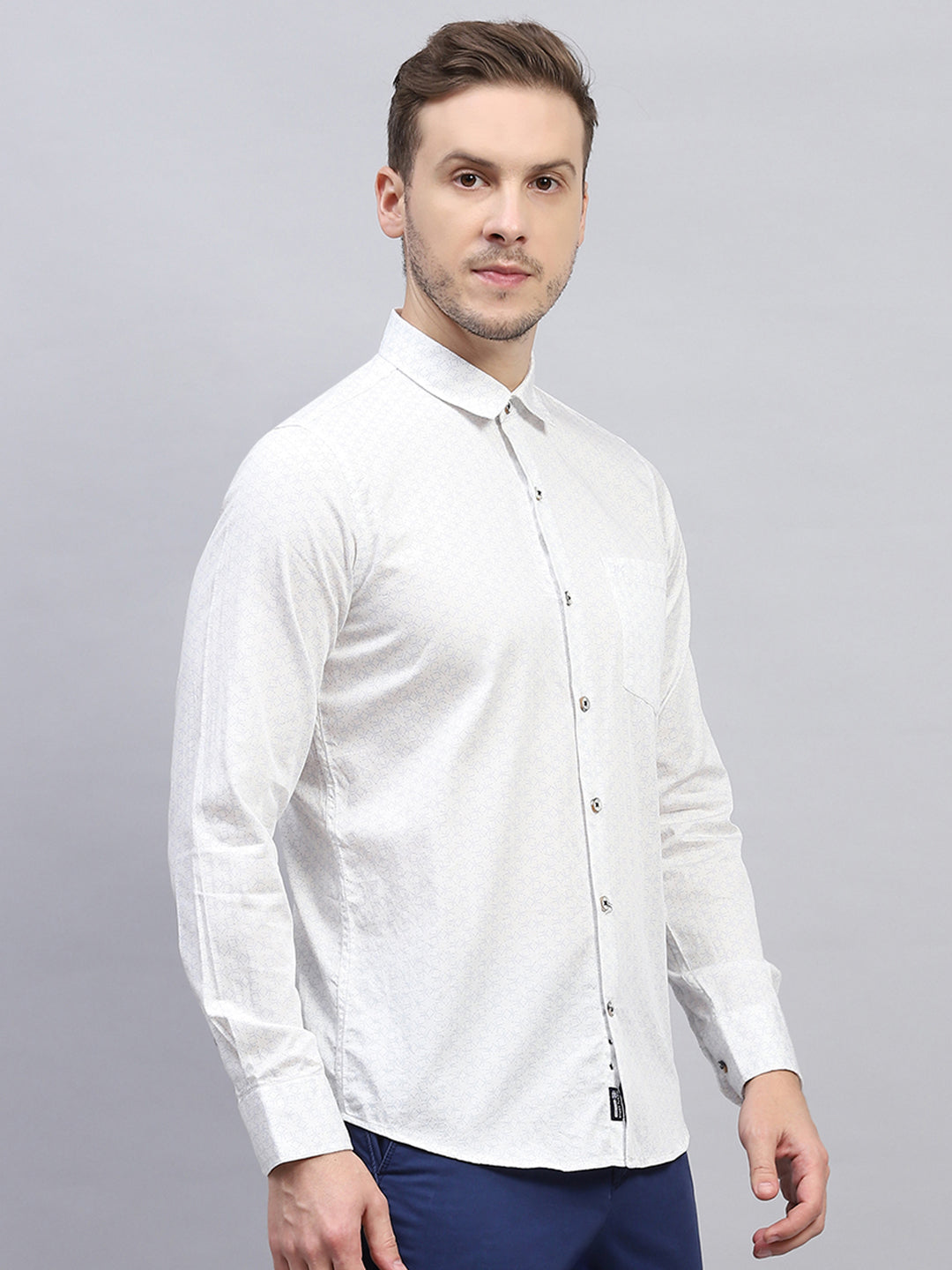 Men White Printed Collar Full Sleeve Shirt