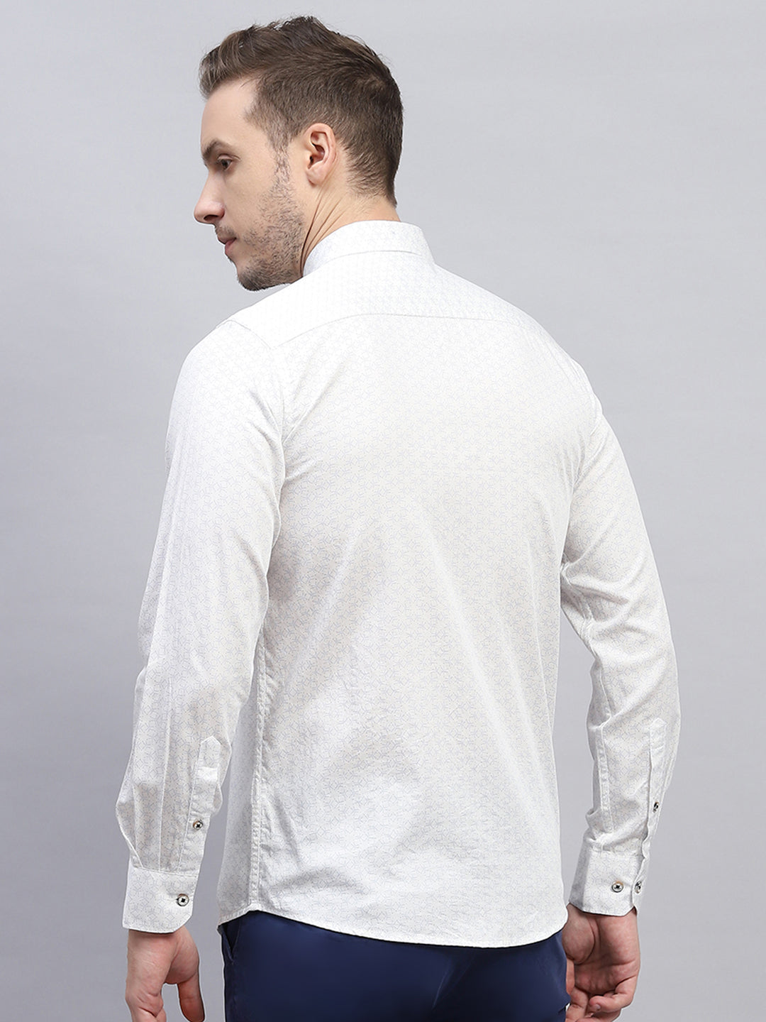 Men White Printed Collar Full Sleeve Shirt