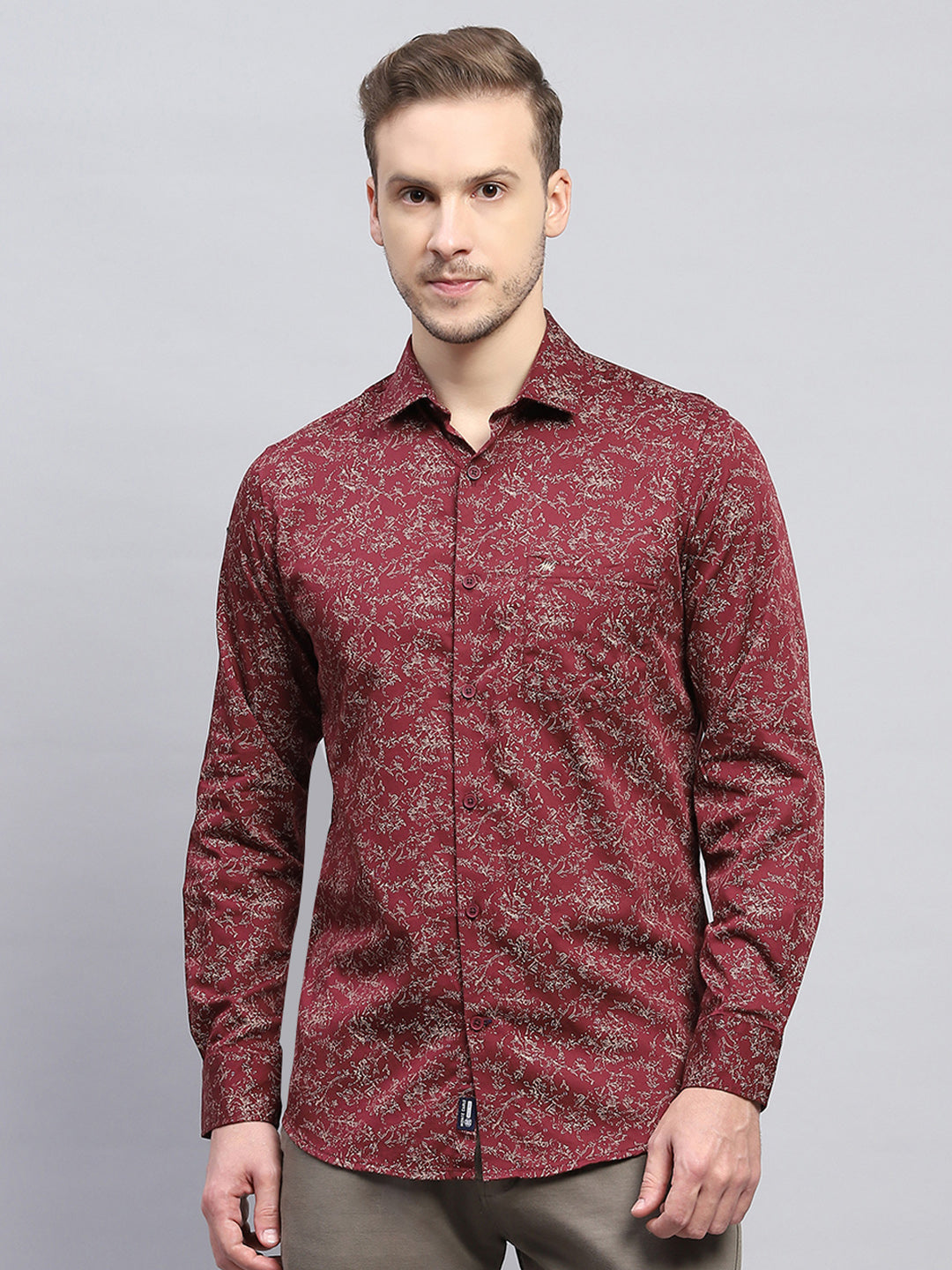 Men Maroon Printed Collar Full Sleeve Shirt