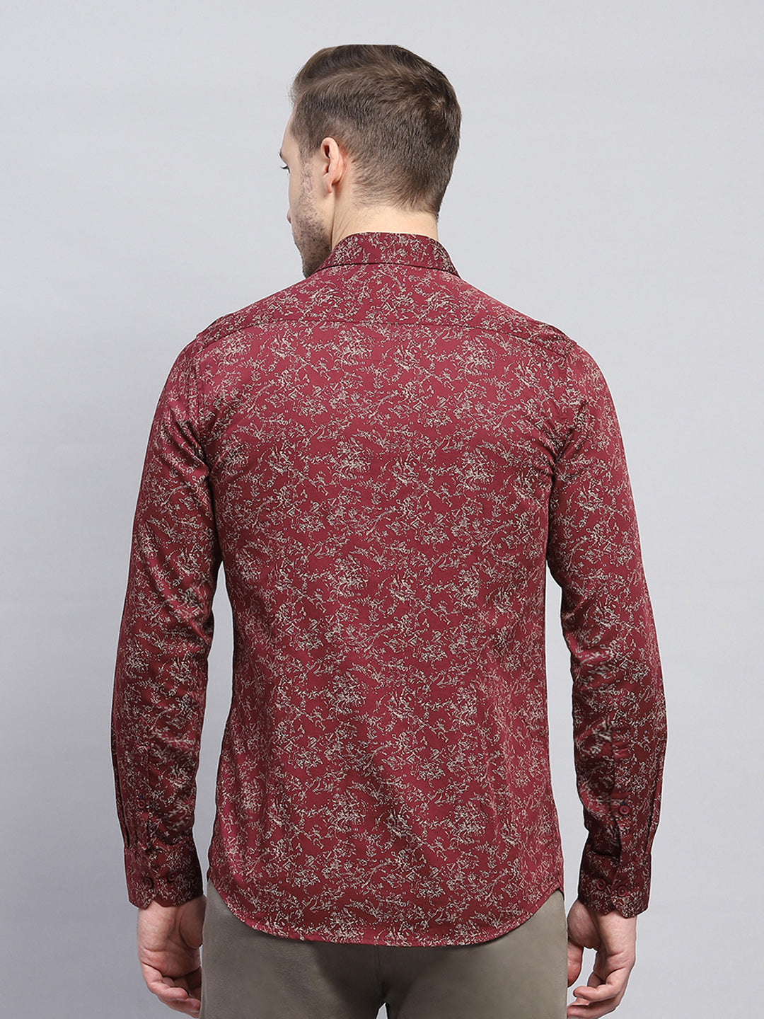 Men Maroon Printed Collar Full Sleeve Shirt