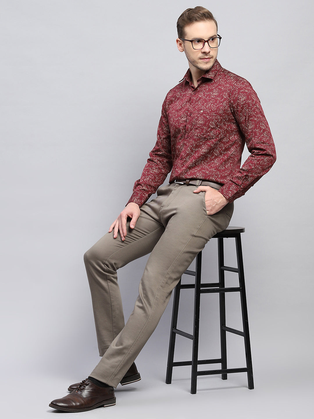 Men Maroon Printed Collar Full Sleeve Shirt