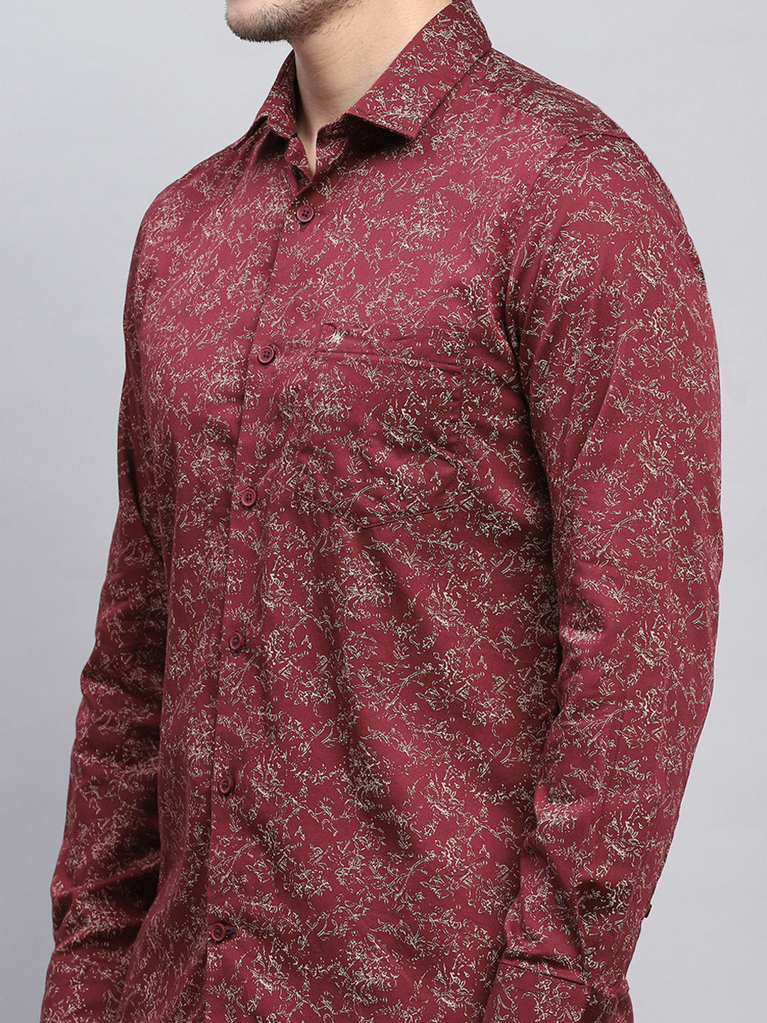 Men Maroon Printed Collar Full Sleeve Shirt