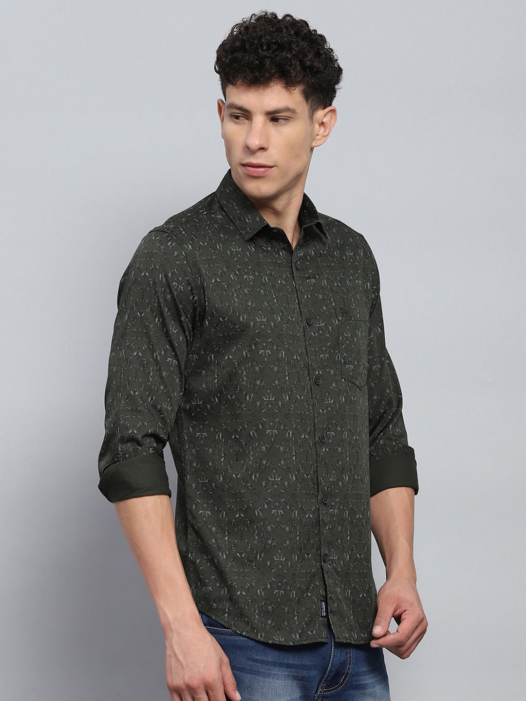 Men Green Printed Collar Full Sleeve Shirt