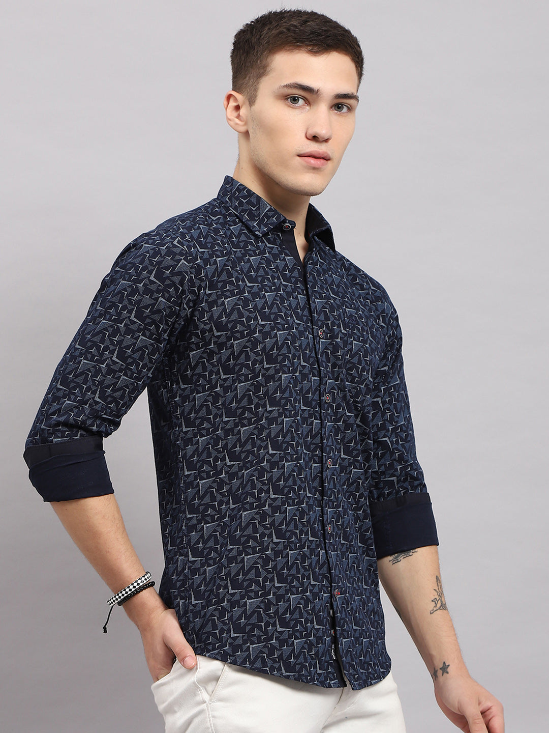 Men Navy Blue Printed Collar Full Sleeve Shirt